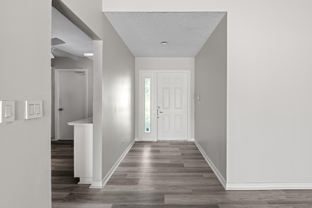 foyer entrance with dark hardwood / wood-style floors and a textured ceiling