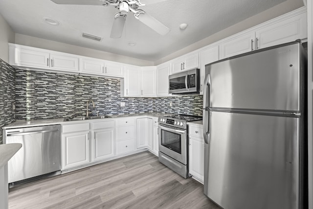 kitchen featuring sink, light hardwood / wood-style flooring, white cabinetry, backsplash, and stainless steel appliances