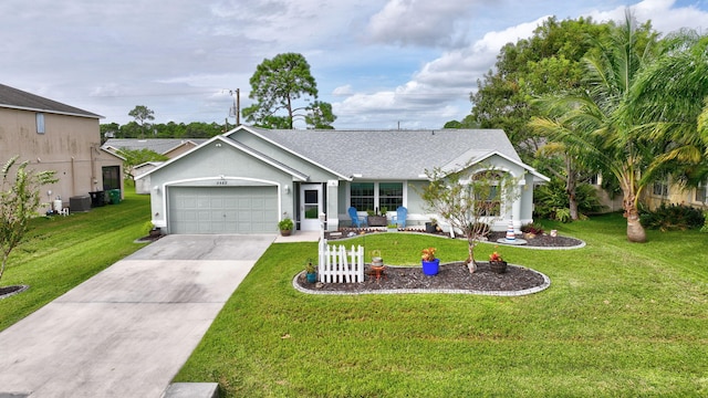 single story home with central AC unit, a garage, and a front lawn