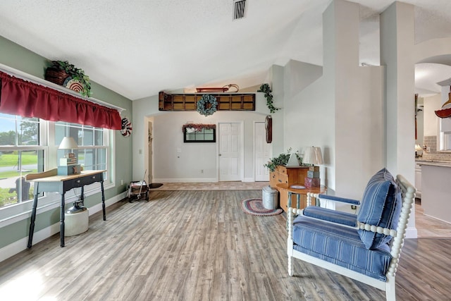 sitting room featuring wood-type flooring, a textured ceiling, and vaulted ceiling