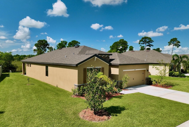 ranch-style home with a garage and a front lawn