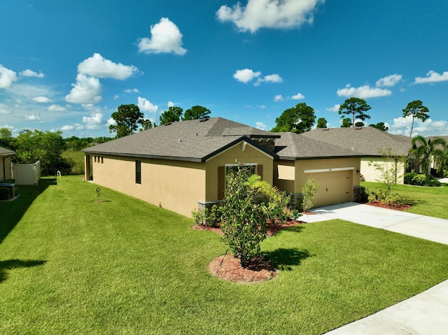 view of front of home with a garage, central air condition unit, and a front lawn