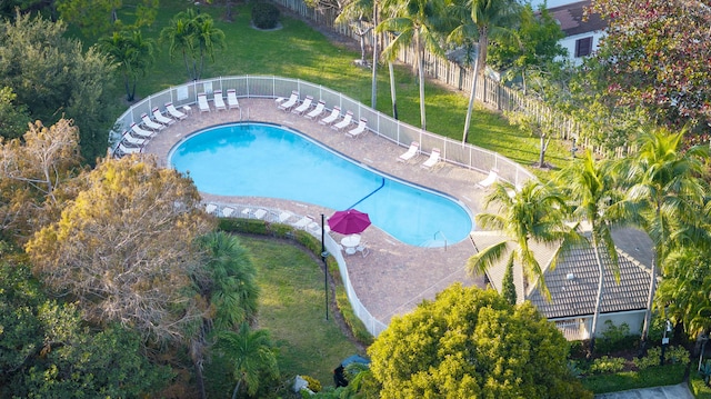 view of swimming pool featuring a lawn