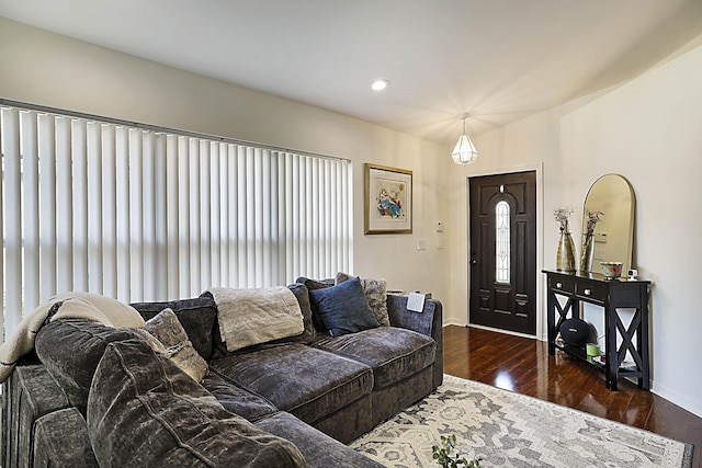 living room with dark hardwood / wood-style floors