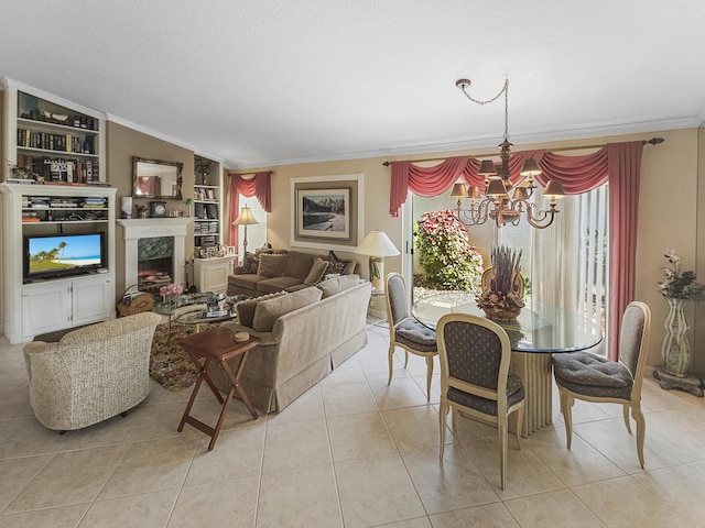 tiled dining space featuring vaulted ceiling, a fireplace, a notable chandelier, crown molding, and a textured ceiling