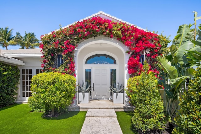 doorway to property with a yard and stucco siding