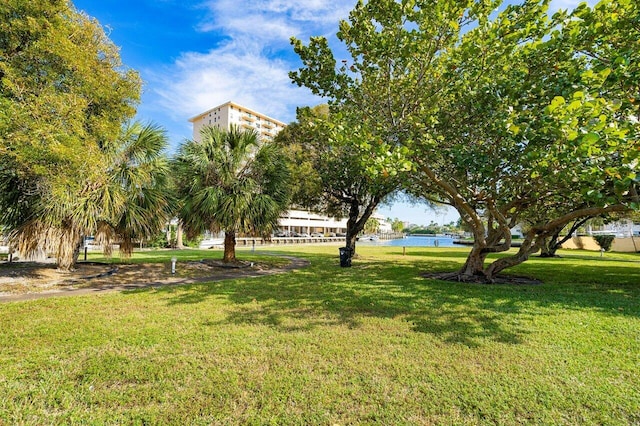 view of property's community featuring a lawn and a water view