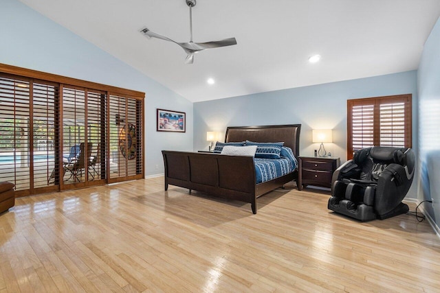 bedroom with ceiling fan, high vaulted ceiling, and light wood-type flooring