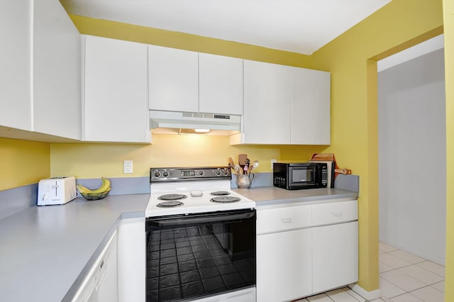 kitchen with white cabinetry, dishwasher, electric range oven, and light tile patterned floors