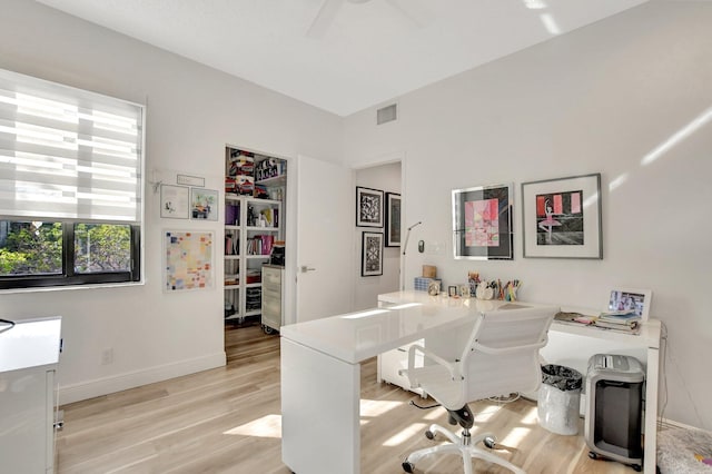 office featuring ceiling fan and light wood-type flooring