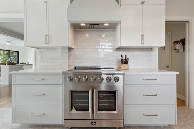 kitchen with high end stainless steel range oven, premium range hood, white cabinetry, and decorative backsplash