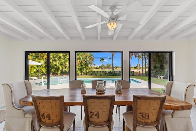 dining room with beamed ceiling, ceiling fan, and wood ceiling