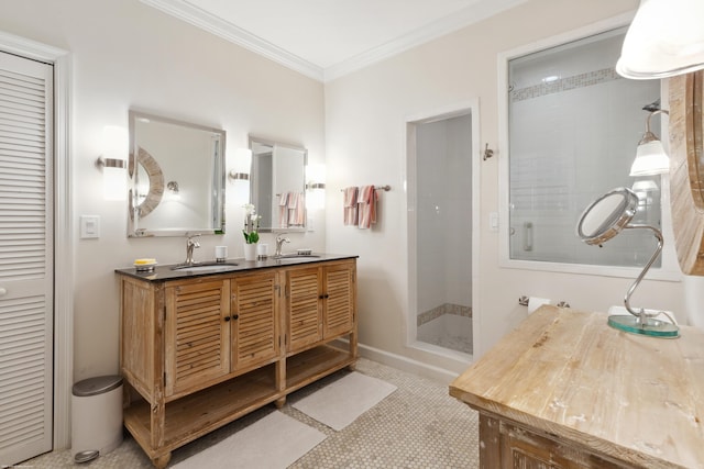 bathroom with walk in shower, ornamental molding, and vanity