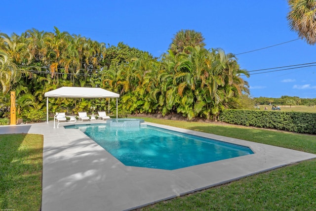 view of swimming pool featuring a yard and a patio area