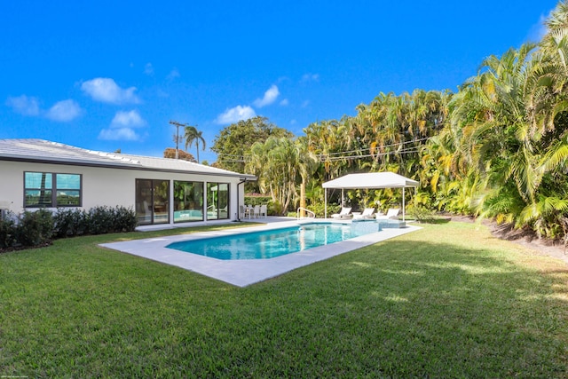 view of swimming pool with a patio and a yard