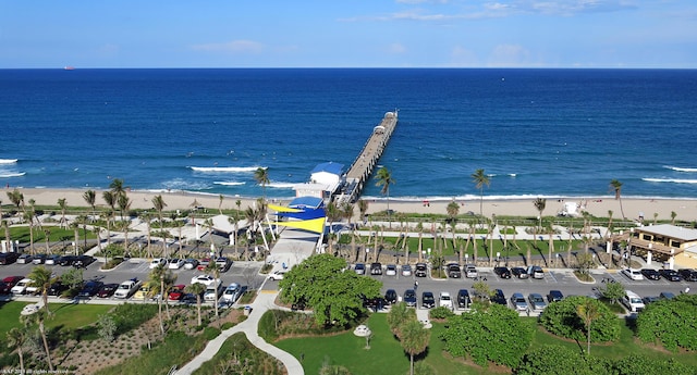 drone / aerial view with a water view and a beach view