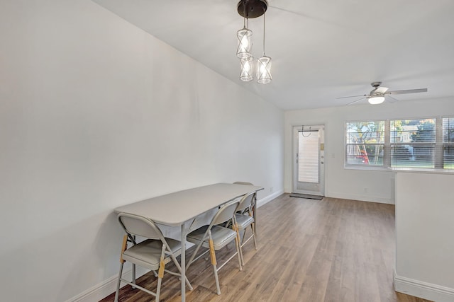 dining space with hardwood / wood-style flooring and ceiling fan with notable chandelier