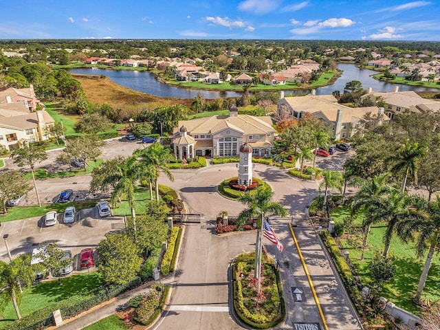 drone / aerial view with a water view