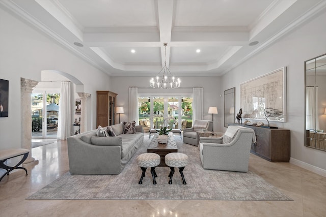 living room with coffered ceiling, plenty of natural light, beamed ceiling, and a high ceiling