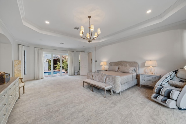 bedroom with a raised ceiling, crown molding, access to outside, and light colored carpet