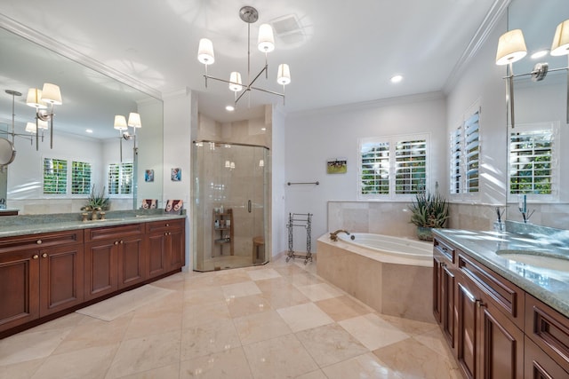 bathroom featuring crown molding, separate shower and tub, and vanity