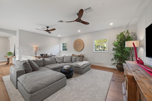 living room with ceiling fan and wood-type flooring