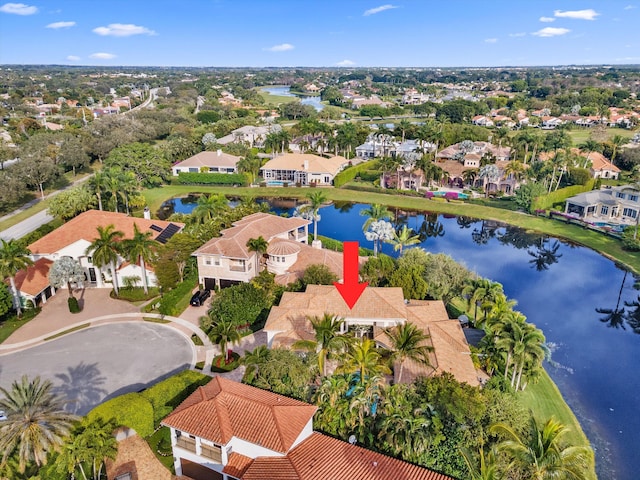 aerial view featuring a water view