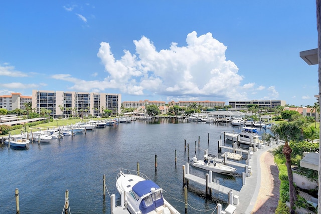 view of water feature with a dock