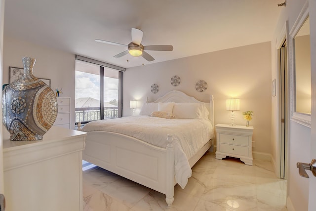 bedroom featuring access to outside and ceiling fan