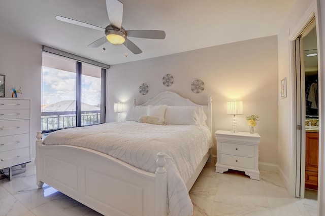 bedroom with ceiling fan and access to exterior