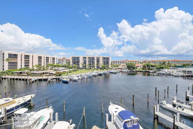 view of water feature with a dock