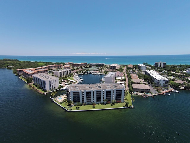 drone / aerial view with a water view