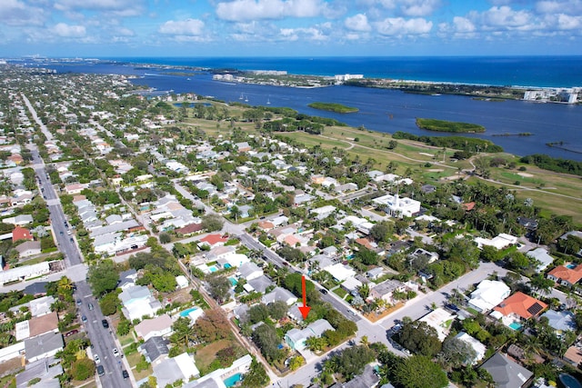 drone / aerial view with a water view