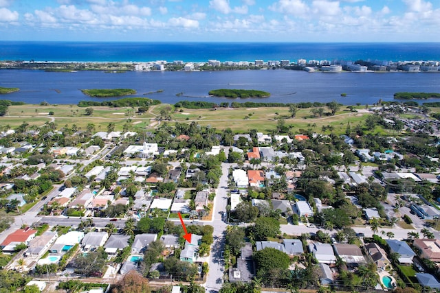 drone / aerial view with a water view