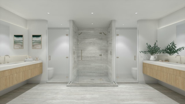 bathroom with vanity, hardwood / wood-style floors, and walk in shower