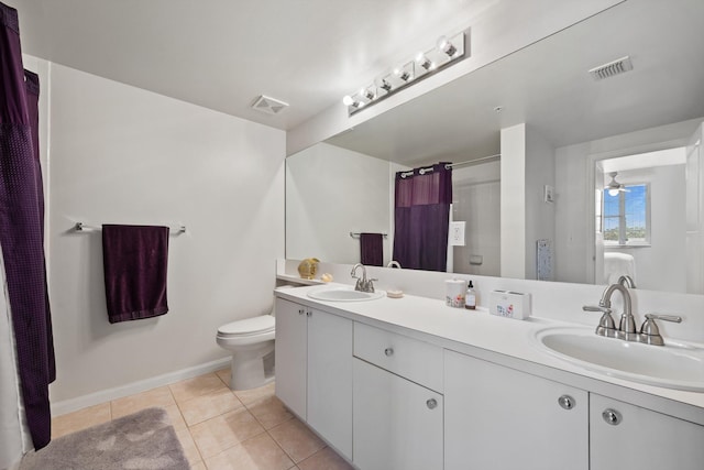 bathroom featuring tile patterned flooring, vanity, toilet, and ceiling fan