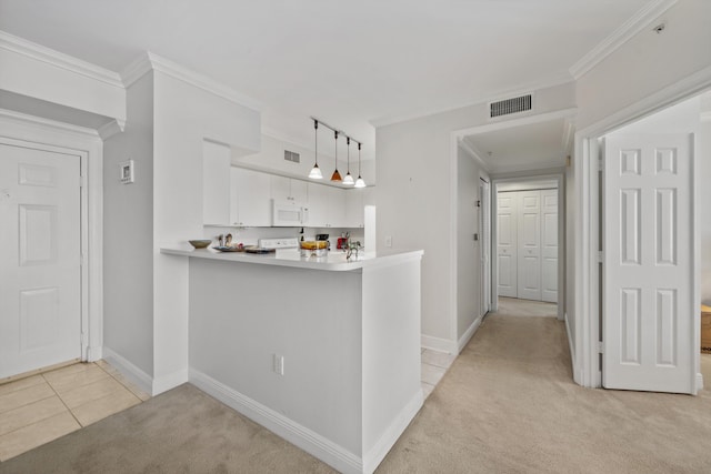 bar featuring white cabinetry, light colored carpet, crown molding, and pendant lighting