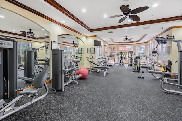 exercise room with ornamental molding and a raised ceiling