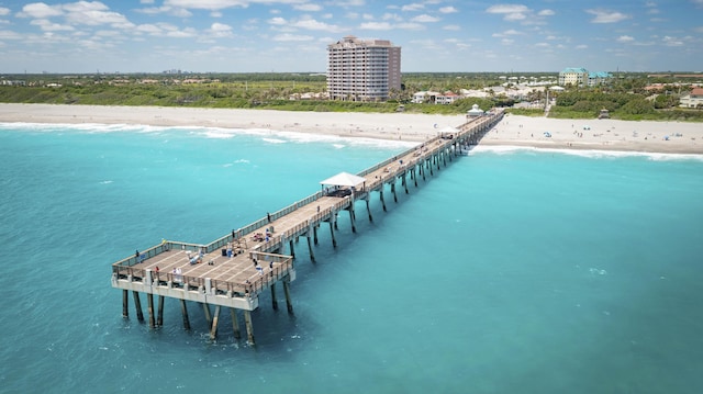 bird's eye view with a view of the beach and a water view