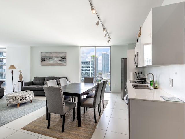 tiled dining area with sink, track lighting, and floor to ceiling windows