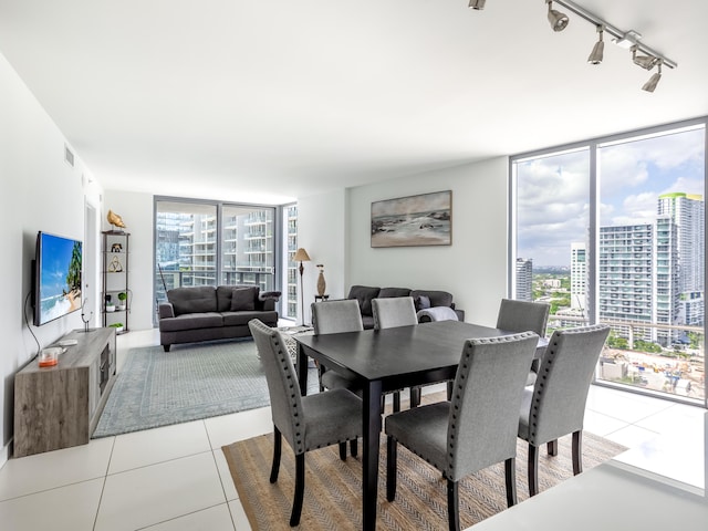 tiled dining room featuring rail lighting and expansive windows