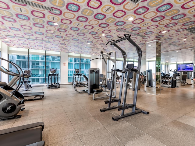 exercise room featuring a wall of windows