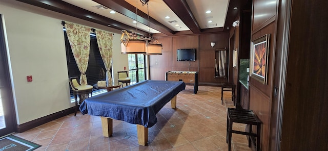 recreation room with wooden walls, pool table, beam ceiling, and light tile patterned floors