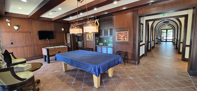 recreation room featuring french doors, billiards, wood walls, beamed ceiling, and tile patterned flooring