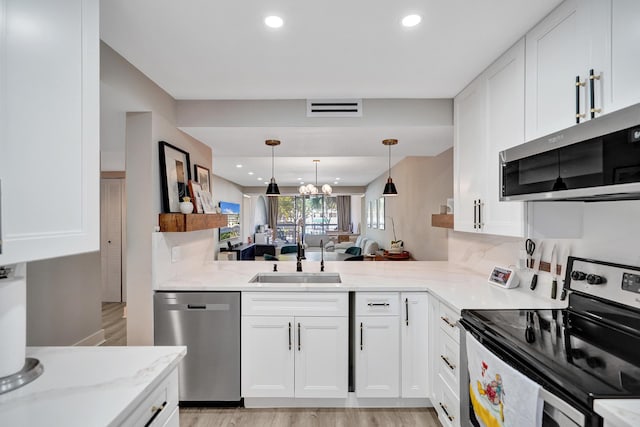 kitchen featuring white cabinetry, appliances with stainless steel finishes, sink, and kitchen peninsula