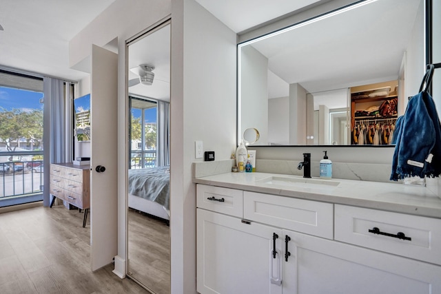 bathroom with hardwood / wood-style flooring, vanity, expansive windows, and a wealth of natural light