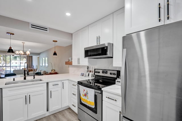 kitchen with stainless steel appliances, sink, white cabinets, and kitchen peninsula