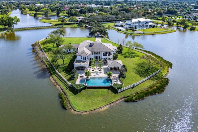 drone / aerial view with a water view