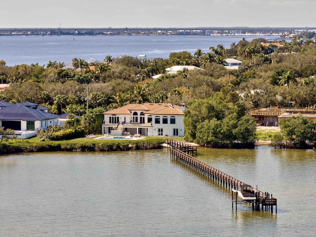 exterior space with a water view