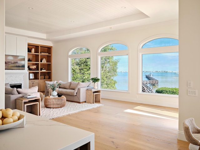 living room featuring a water view, light hardwood / wood-style flooring, and a tray ceiling